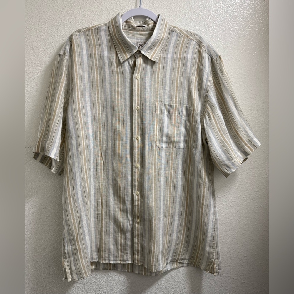 Peter Millar Striped Linen Button Down Shirt Short Sleeve Pocket Men's Large